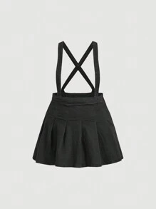 SHEIN EZwear Plus Size Women's Denim Pleated Mini Skirt With Suspenders - Black - View 1