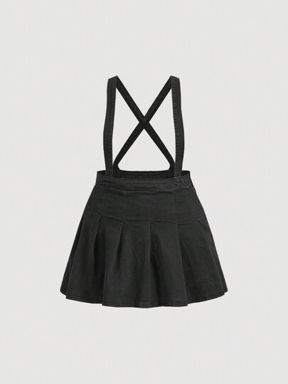 SHEIN EZwear Plus Size Women's Denim Pleated Mini Skirt With Suspenders