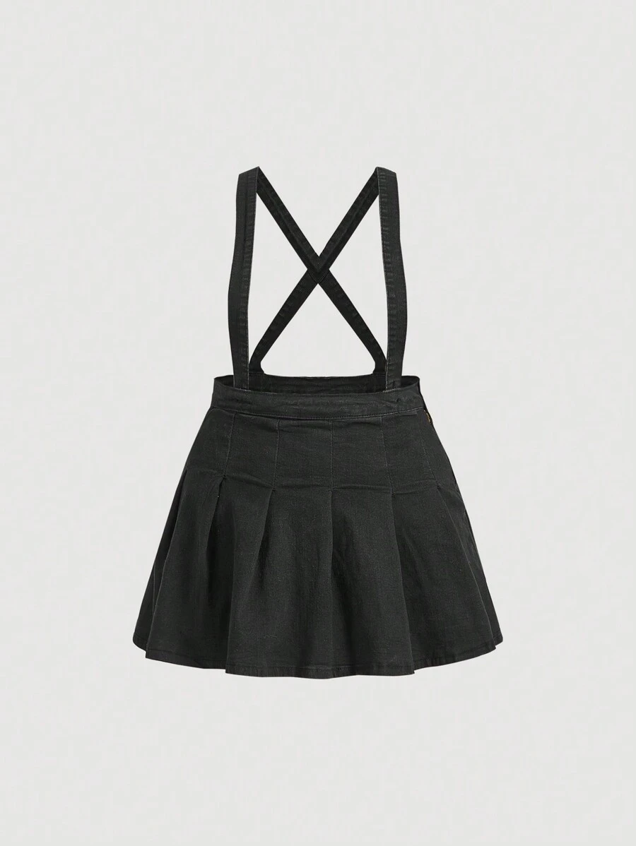 SHEIN EZwear Plus Size Women's Denim Pleated Mini Skirt With Suspenders - Black - View 1