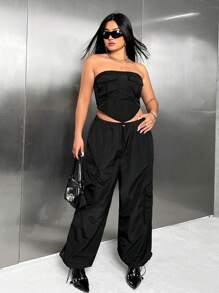 SHEIN ICON Conjunto De Calça E Top Sem Alças De Cor Sólida Plus Size - Preto - Visão 6