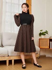 SHEIN Thiếu niên Cô gái Dệt kim Vá lại Đồ họa Houndstooth Đứng cổ áo Chân Của Tay áo Đầm giản dị - màu nâu - Xem 4