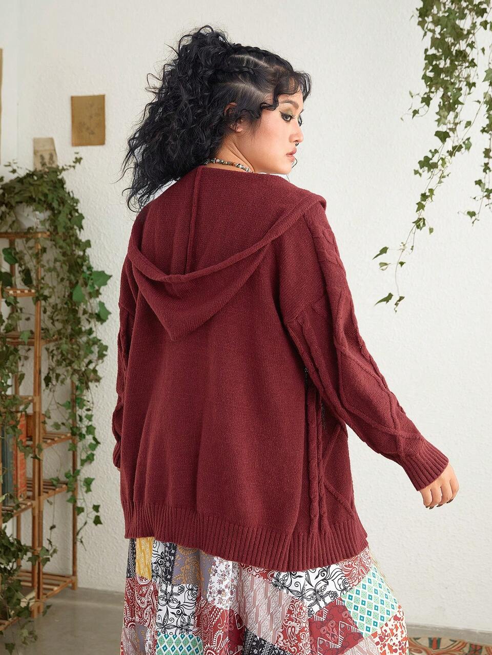 Women'S Plus Size Solid Color Cable Knit Zip Up Hooded Cardigan With Drawstring