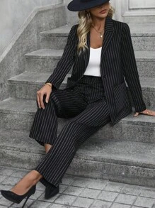 SHEIN Clasi 女士條紋西裝外套和褲子套裝 - 黑與白 - 查看 5