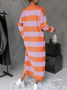 SHEIN Essnce 下垂肩條紋毛衣連衣裙,側面開衩 - 彩色 - 查看 2