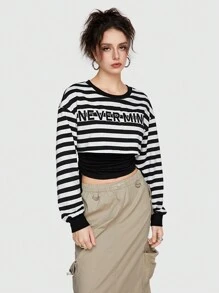 ROMWE Grunge Punk Sudadera De Manga Larga Con Cuello Redondo Y Rayas Para Mujer