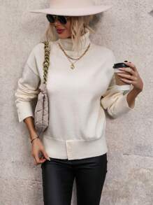 SHEIN LUNE High Neck Drop Shoulder Knit Pullover Fall Winter Sweater - Beige - View 3