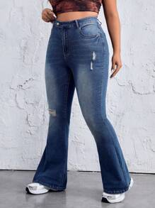 SHEIN EZwear Women's Plus Size Distressed Water Washing Flared Jeans - Dark Wash - View 6