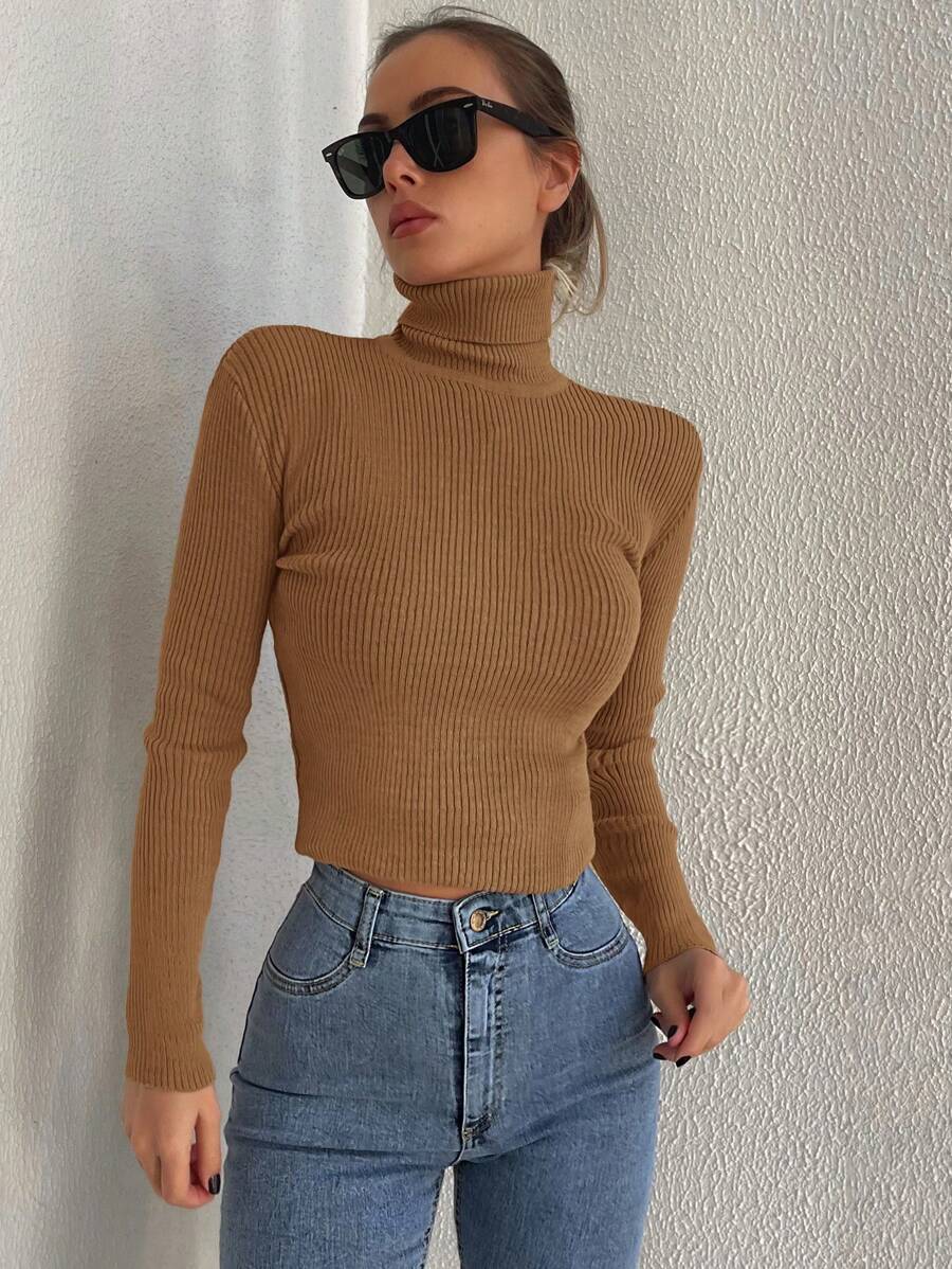 Cloudara High Neck Ribbed Knit Jumper - Brown - View 1