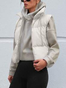 EURMUSE Drawstring Detail Zipper Vest Puffer Coat - Beige - View 4