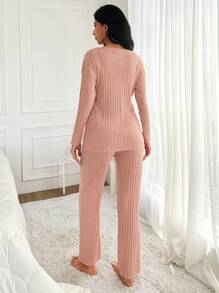 EURMUSE Damen Schlogan-Muster Oversized Langarm Top und Hose Pyjama Set - Korallenrosa - Übersicht 2