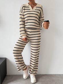 SHEIN Frenchy Women's Striped Drop Shoulder Sweater 2pcs/set - Apricot - View 5