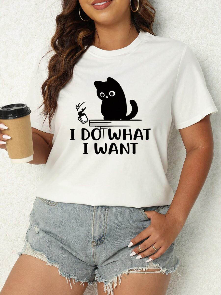 SHEIN LUNE 女大尺碼貓和字母印花短袖 T 卹 - 白色 - 查看 1