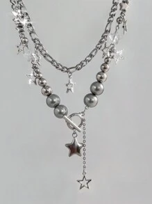 ROMWE Goth 2pcs Punk Style Star & Tassel Pendant Beaded Necklace Set - Silver - View 2