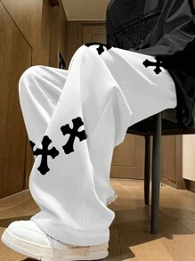 Manfinity EMRG Pantalones De Chándal Para Hombre Con Ajuste Holgado Y Estampado De Cruz Para Uso Casual - Blanco - Ver 4