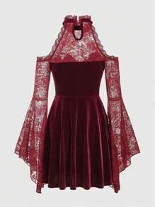 ROMWE PUNK Đầm Nút Tương phản ren Dây kéo màu trơn Buổi tiệc - Màu Đỏ Sâu - Xem 2