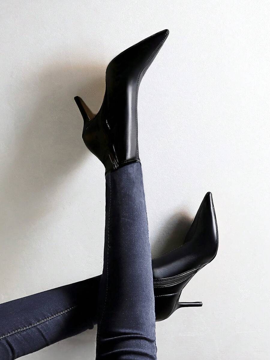 欧美风时尚细高跟尖头性感夜店踝靴 - 黑色 - 查看 1