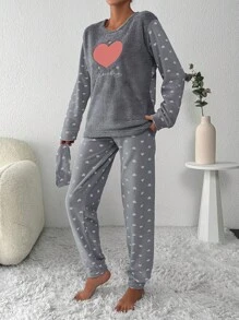 SHEIN Cottnline Heart & Letter Embroidery Flannel PJ Set - Light Grey - View 4