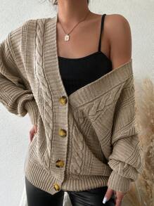 EURMUSE Cable Knit Drop Shoulder Cardigan - Mocha Brown - View 6