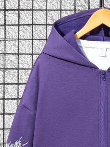 SHEIN 青少年男孩休閒舒適龍圖騰印花連帽運動衫 - 紫色 - 查看 3