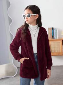 SHEIN Tween 女孩針織純色連帽寬鬆休閒外套大翻領雙貼袋 - 酒紅色 - 查看 5