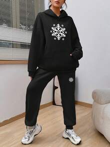 SHEIN Qutie Của phụ nữ Bông tuyết In Hoodie Và Quần Bộ - màu đen - Xem 6