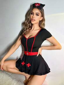 Nurse Role Play Costume Dress 3pcs Set Including Dress, Belt And Headwear - Black - View 5