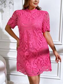 SHEIN Clasi Kích thước lớn Của phụ nữ Lỏng lẻo phù hợp Giải trí Ren Đứng cổ áo Đầm - Màu Hồng Tươi - Xem 5