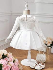 SHEIN Baby Girls' Elegant Lace Spliced Satin Long Sleeve Peter Pan Collar Dress Party Outfit - White - View 6