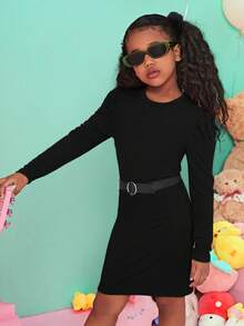 SHEIN Cool Leg-Of-Mutton Sleeve Knitted Dress For Tween Girl - Black - View 6