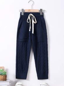 SHEIN Con trai Eo đàn hồi Lỏng lẻo phù hợp Giải trí Dây rút Dệt kim Quần - Màu xanh hải quân - Xem 3