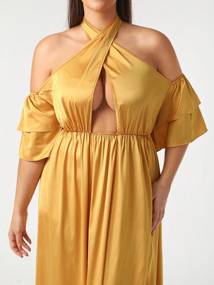 Designer Plus Asymmetrical Neck Ruffle Trim Split Thigh Dress, Summer Elegant Dress Outfit For Holiday, Party, Birthday Outfits, Festival, Wedding, Prom Dress