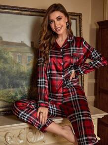 Plaid Print Satin PJ Set / Pajama Set - Red - View 3