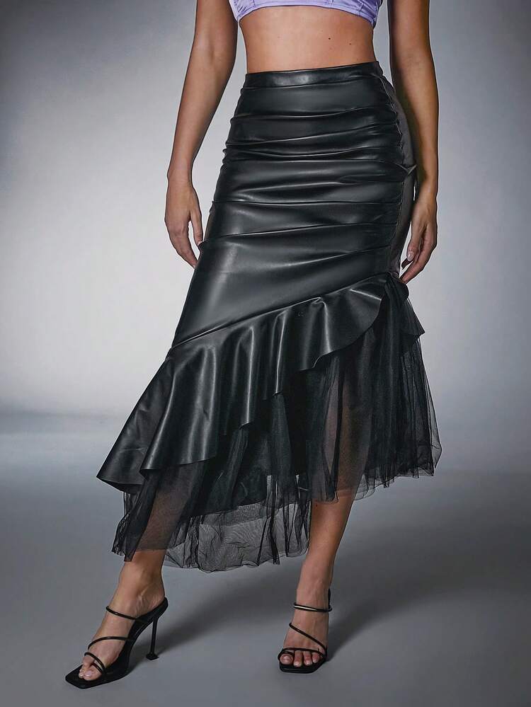Ruffle Mesh Hem PU Leather Skirt