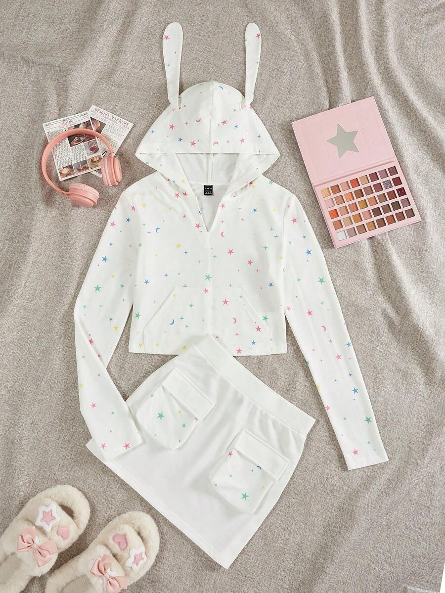 SHEIN EZwear Conjunto De Dos Piezas Para Mujeres Con Estampado De Estrellas Y Luna
