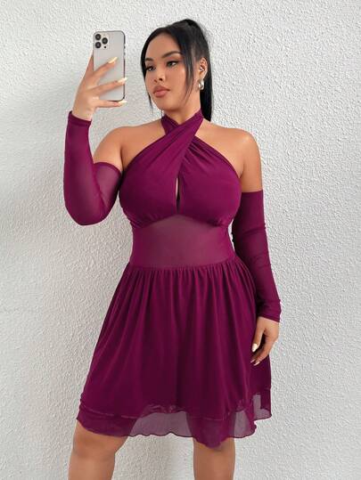 Plus Size Solid Color Halterneck Dress