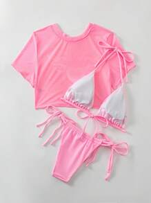 Swim Mod Set Bikini Tam Giác Họa Tiết Trái Tim Và Che Nắng Đi Biển Mùa Hè - Hồng - Xem 4