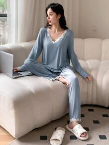 DAZY Lace Patchwork Long Sleeve Pajama Set - Baby Blue - View 4