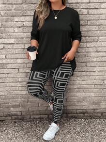 EMERY ROSE Plus Size Green Solid Color Long Sleeve T-Shirt & Camouflage Pants 2pcs Set Fall Women Clothes Fall 2pcs Set - Multicolor - View 1