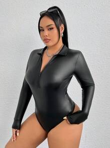 SHEIN ICON 女士加大碼拉鍊式半排釦修身連身衣 - 黑色 - 查看 5