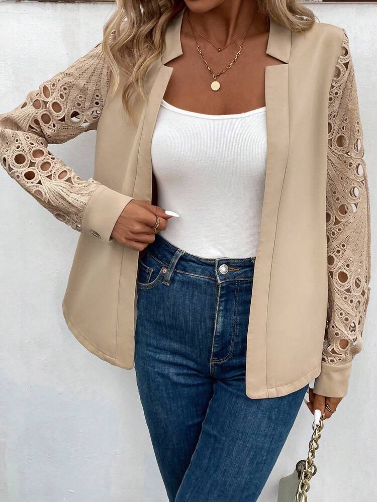 EMERY ROSE 純色蕾絲拼接鏤空大衣 - 卡其色 - 查看 5