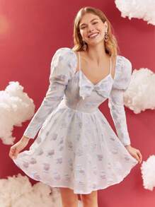 Enchnt Bowknot Decoration Puff Sleeve Embossed Dress - Blue and White - View 1
