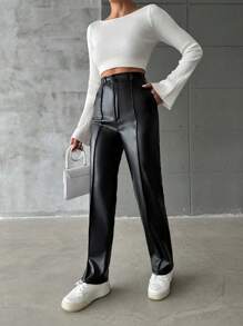 EURMUSE High Waist Slant Pocket PU Leather Pants - Black - View 5