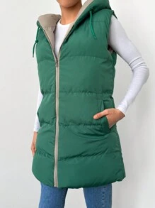 EURMUSE Zip Up Drawstring Hooded Vest Puffer Coat - Green - View 6