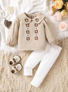 女嬰刺繡上衣和褲子套裝 - 彩色 - 查看 1