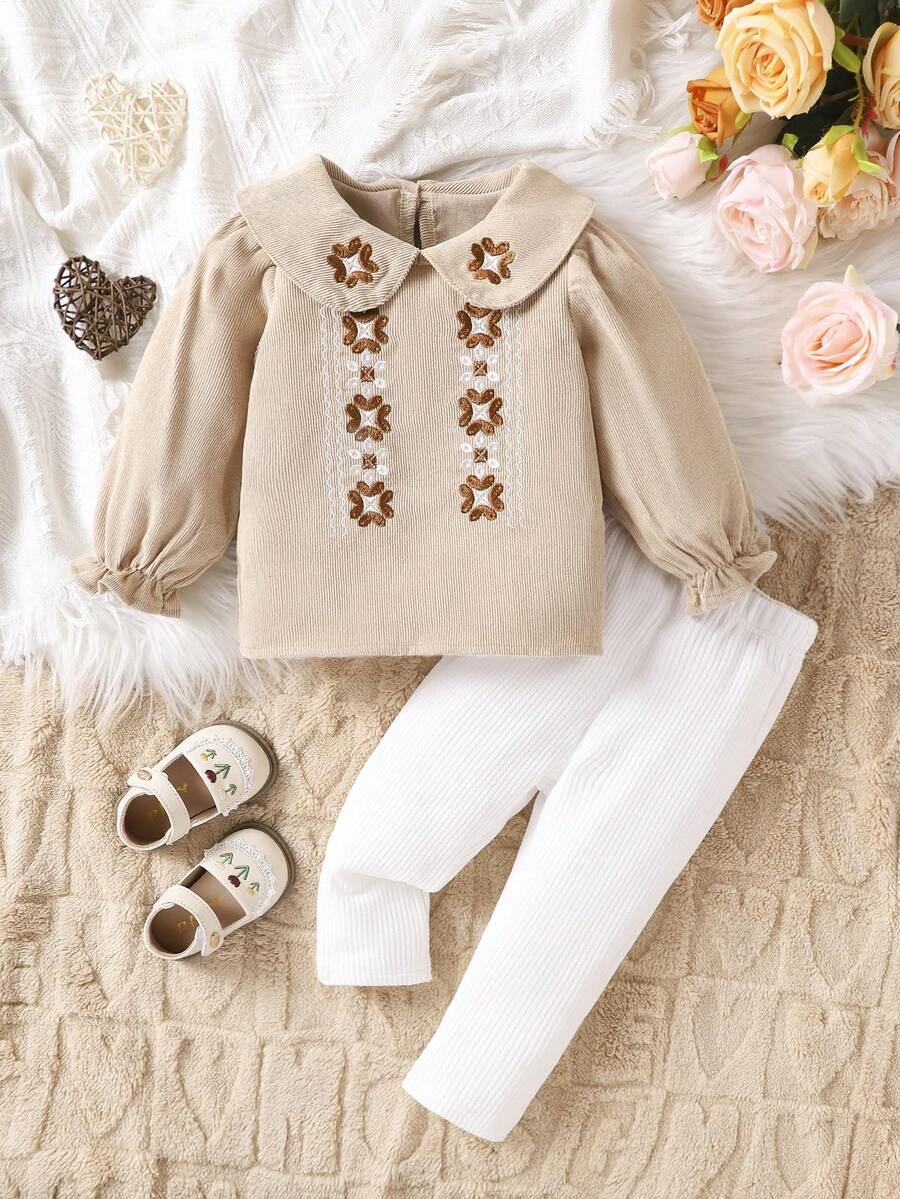 女嬰刺繡上衣和褲子套裝 - 彩色 - 查看 1