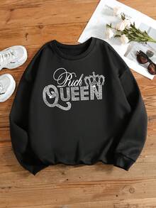 SHEIN EZwear 女裝字母印花毛絨衛衣,大尺碼 - 黑色 - 查看 3