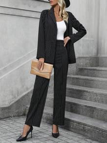 SHEIN Clasi 女士條紋西裝外套和褲子套裝 - 黑與白 - 查看 4