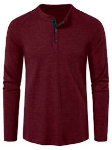 Manfinity Homme Camiseta de manga raglán con botones a la mitad, otoño - Burdeos - Ver 4