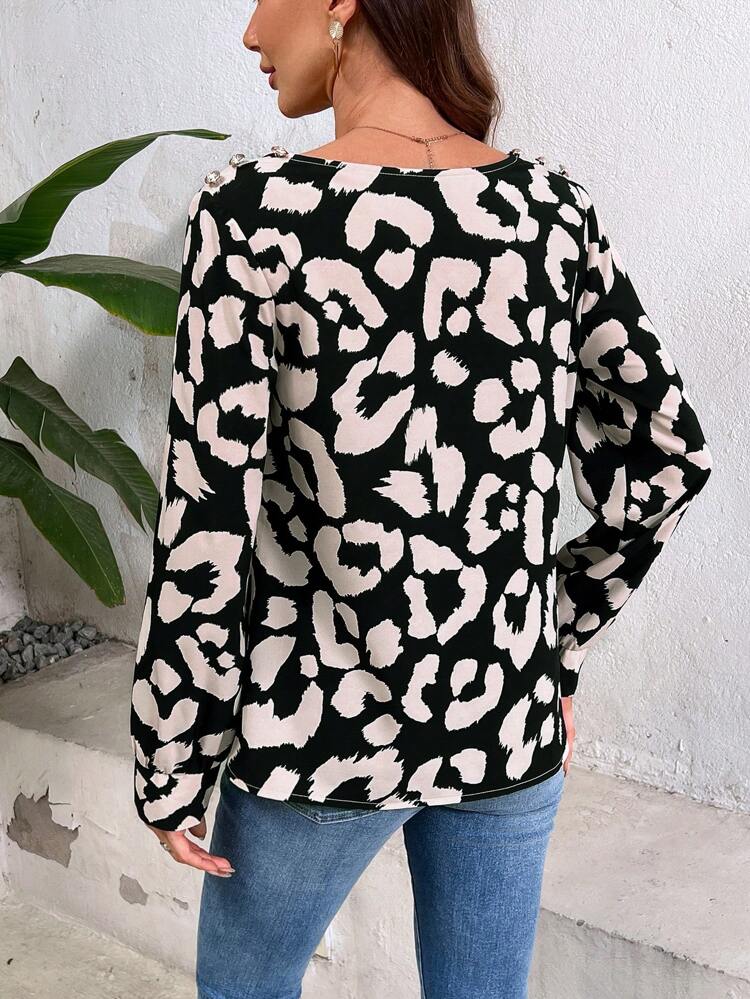 Women's Leopard Print Draped Neckline Elegant Shirt