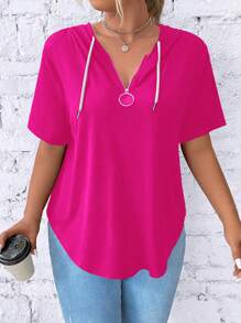 SHEIN LUNE 女款大尺寸拉鍊 V 領短袖 T 卹,附抽繩兜帽 - 玫紅色 - 查看 4